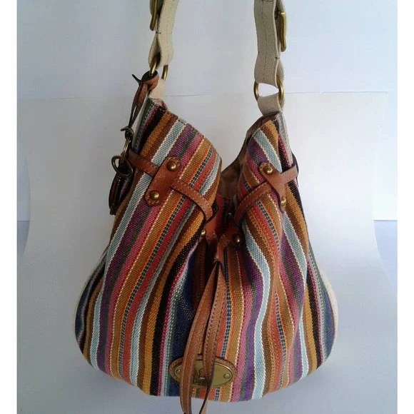 Fossil  Striped Women's Brown Canvas Shoulder Bag Leather Accents Handbag Medium - Picture 7 of 12